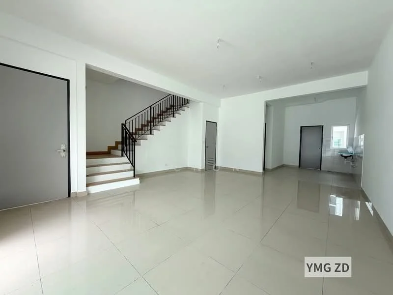 Living features: white painted walls, polished tile flooring, staircase with wooden steps and metal railing, recessed ceiling lights, open layout, large windows allowing natural light, door leading to another room, door leading to staircase; style: modern. Room features: white painted walls, polished tile flooring, door leading to kitchen area.