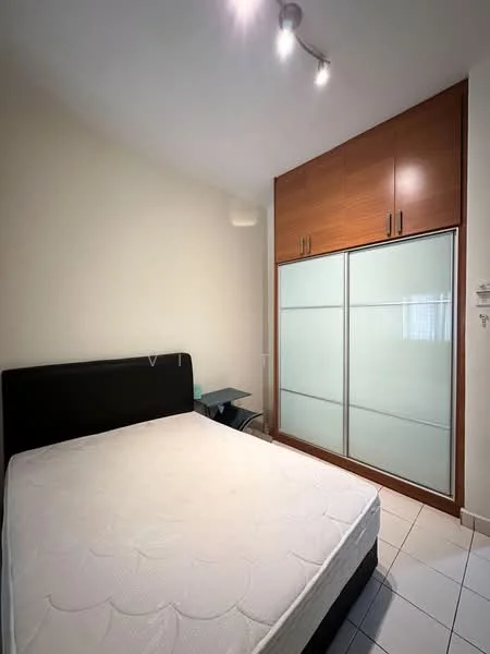 Bedroom features: queen-size bed, wooden headboard, built-in wardrobe with sliding glass doors, white painted walls, tile flooring, recessed ceiling lights, small bedside table, window with sheer curtains; style: modern.