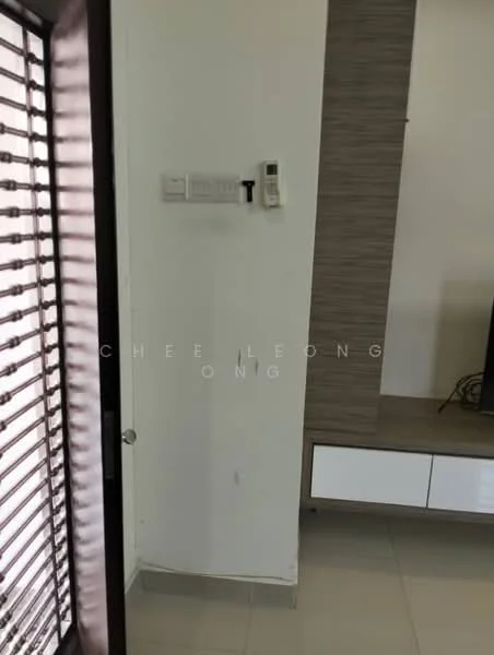 Room features: white painted walls, light grey feature wall, tile flooring, wall-mounted intercom, cable outlet, TV console, built-in storage cabinet, door with horizontal slats; style: modern.