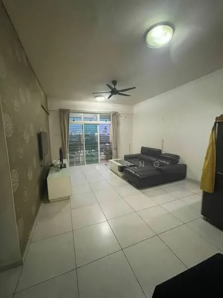 Living features: black leather sofa, white TV console, wall-mounted TV, ceiling fan, large windows with city view, cream painted walls, light-colored tiled flooring, curtains, decorative wall with pattern; style: modern; view: city.