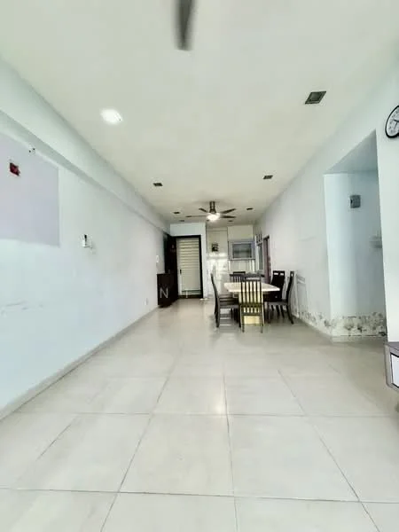 Dining features: white painted walls, tile flooring, 5-blade ceiling fan, dining table with chairs, wall clock, recessed lighting, open layout, neutral color scheme; style: modern.