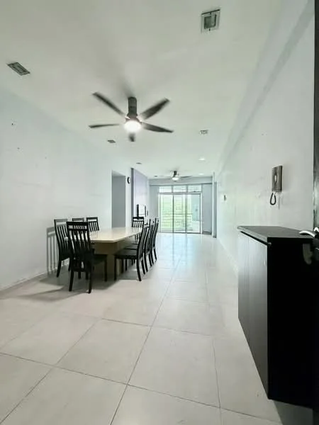 Dining features: 6-seater dining table, black dining chairs, ceiling fan with light, white walls, tile flooring, sliding glass door, natural light from sliding door, open layout, wall-mounted intercom, built-in cabinet; style: modern; view: garden.