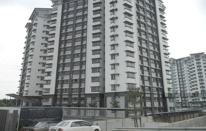 Exterior type: high-rise condominium; features: grey painted facade, glass windows, balconies with railings, multiple storeys, parking area visible, landscaped area with small trees, covered entrance, signage at the base; style: modern.