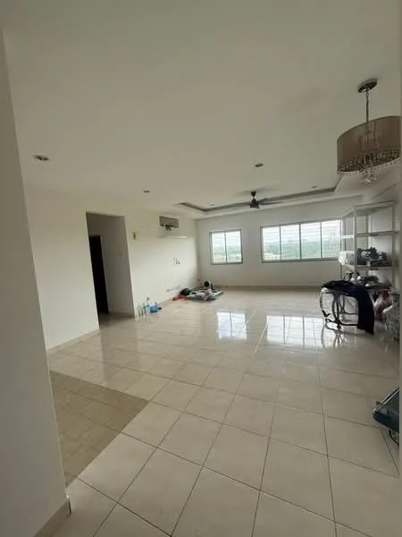 Living features: white painted walls, polished ceramic tile flooring, tray ceiling, 5-blade ceiling fan, floor-to-ceiling windows, natural light, air conditioning unit, decorative chandelier, open layout, neutral color palette, view of the outside, furniture in the corner; style: modern; view: city.