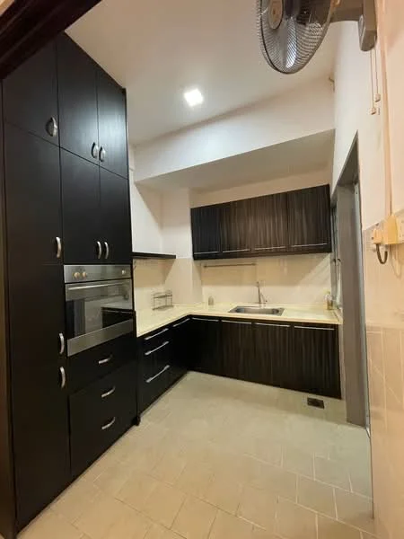Kitchen features: black cabinetry with flat-panel doors, stainless-steel built-in oven, stainless-steel sink, granite countertop, ceramic tile flooring, wall-mounted fan, recessed ceiling lights, white painted walls, kitchen with L-shape layout; style: modern.