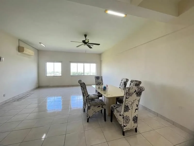 Dining features: dining table with 6 chairs, white ceramic tile flooring, 5-blade ceiling fan, air conditioning unit, floor-to-ceiling windows, neutral painted walls, natural light from windows, view of the outside; style: modern; view: city.