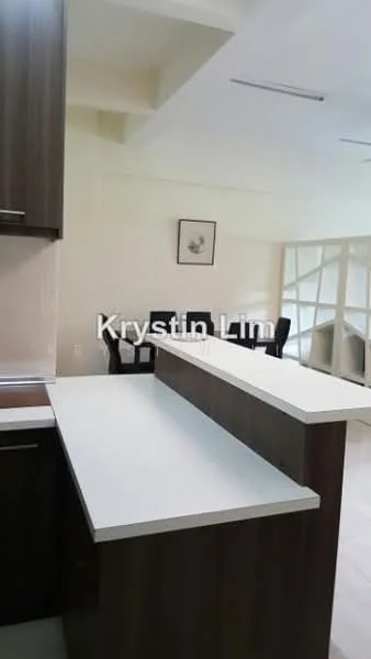 Kitchen features: white countertop, dark wood cabinetry, built-in kitchen island, open layout, recessed ceiling lights, neutral wall color, tile flooring, framed artwork on wall; style: modern. Room features: black dining chairs, glass partition, neutral wall color, natural light from window.