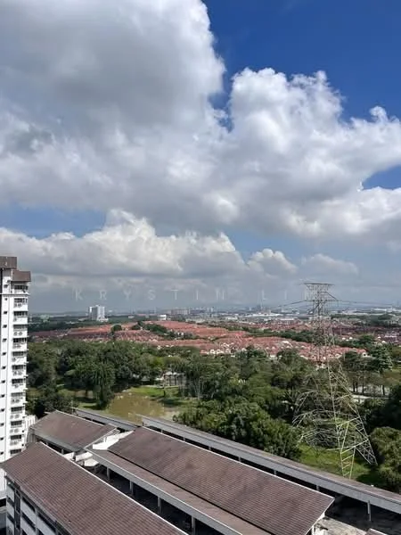 Exterior type: high-rise condominium; features: city skyline view, surrounded by greenery, power lines visible, multi-storey car park, landscaped grounds, residential buildings in the distance; style: modern.