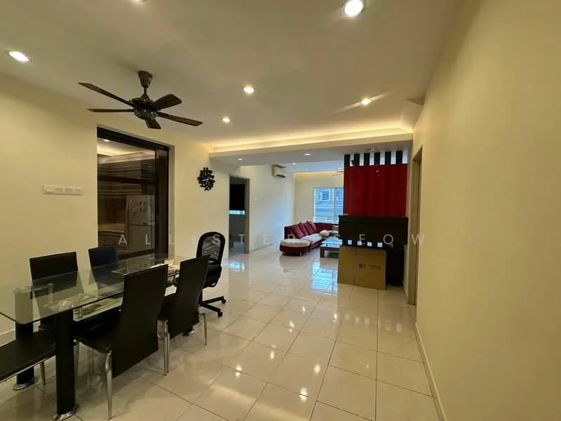 Living features: white painted walls, glossy tile flooring, 5-blade ceiling fan with light, recessed downlights, sofa in red fabric, coffee table, TV console, area rug, large window with natural light, decorative wall with black and red accents; style: modern. Dining features: glass dining table, black dining chairs, white painted walls, glossy tile flooring, recessed downlights; style: modern.