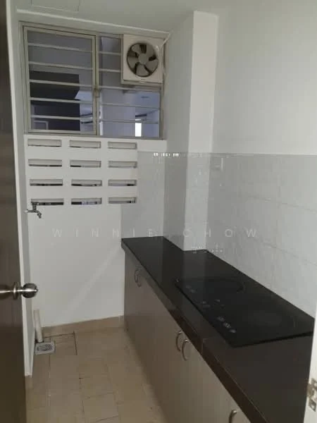 Kitchen features: black countertop, built-in cooktop, wood cabinetry, white tiled backsplash, wall-mounted split AC, window with security bars, floor tiles, sink with faucet; style: modern.
