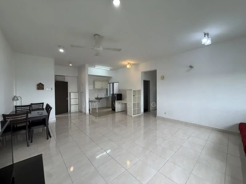Living features: white painted walls, glossy ceramic tile flooring, 5-blade ceiling fan with light, recessed downlights, large window with natural light, sofa in red, dining table for four, TV console, open layout to kitchen, neutral color scheme; style: modern. Kitchen features: white cabinetry, black countertop, stainless-steel sink, built-in stove, refrigerator, open layout to living area; style: modern.