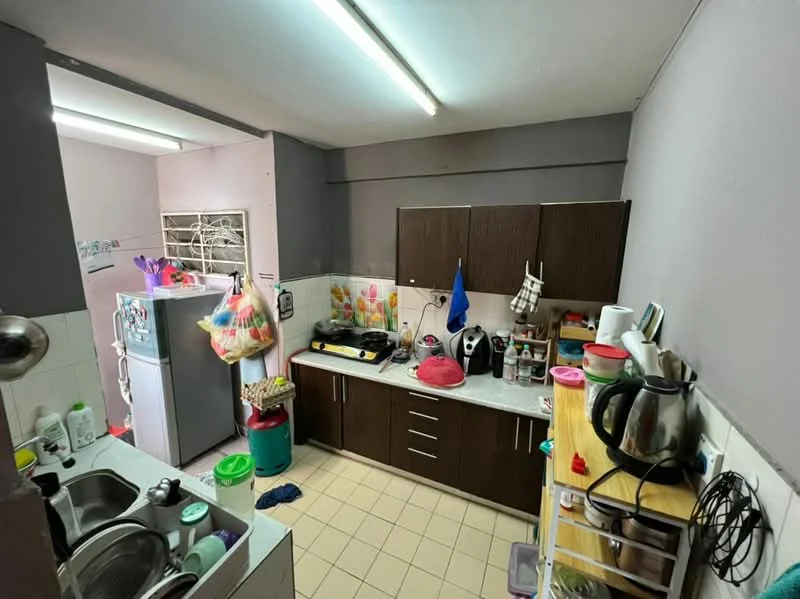 Kitchen features: dark wood cabinetry, grey walls, white tiled backsplash, stainless-steel sink, single-bowl sink, built-in gas stove, microwave, kettle, refrigerator, countertop with various kitchen appliances, open shelving, floor tiles, multiple storage containers; style: modern.