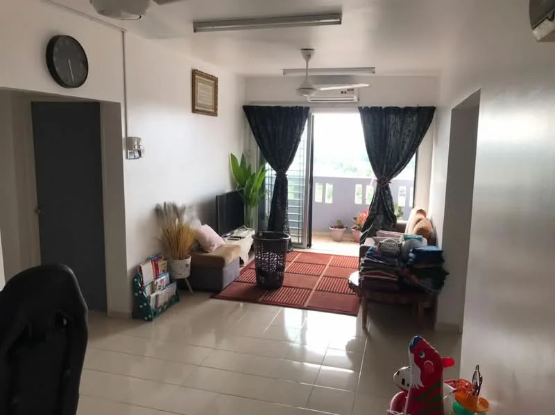 Living features: white painted walls, glossy tile flooring, 5-blade ceiling fan with light, floor-to-ceiling windows, blackout curtains, sofa with cushions, coffee table, decorative plants, area rug with geometric pattern, TV console, wall-mounted TV, bookshelf with books, stack of folded blankets; style: modern; view: city.
