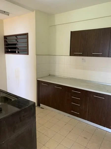 Kitchen features: brown wooden cabinetry, white tiled backsplash, grey countertop, single-bowl stainless-steel sink, built-in storage drawers, tile flooring, window with wooden slats, wall-mounted electrical outlet; style: modern.