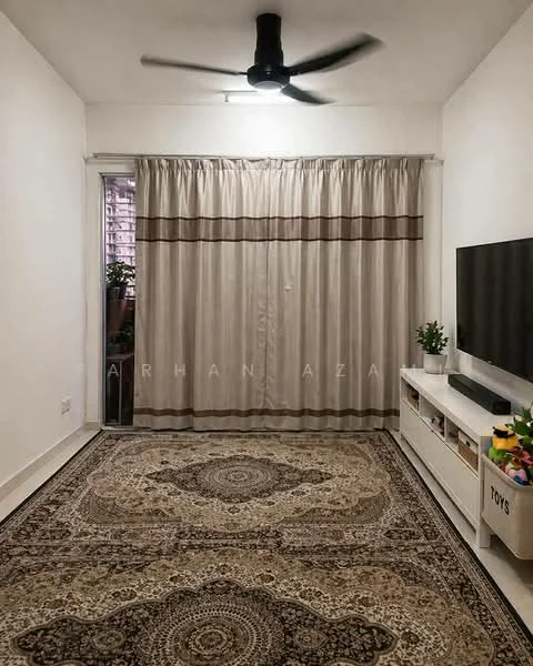 Living features: white painted walls, ceiling fan, floor-to-ceiling window, curtains with horizontal stripes, TV console, wall-mounted TV, area rug with intricate pattern, decorative plant in ceramic pot, storage unit with toys; style: modern; view: garden.