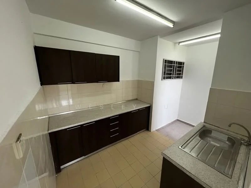 Kitchen features: dark wood cabinetry, granite countertop, single-bowl stainless-steel sink, chrome pull-down faucet, tile backsplash, ceramic tile flooring, fluorescent ceiling lights, window with metal grille, open shelving, built-in cabinets; style: modern.