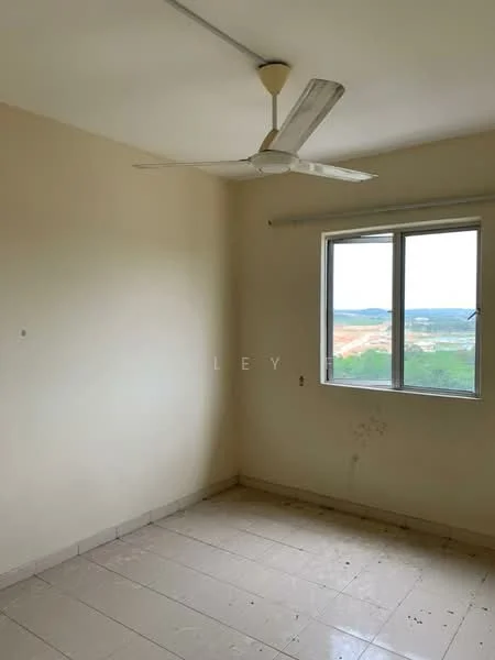 Room features: plain white walls, tiled flooring, ceiling fan, single window with view, no visible furniture, minimal decor; view: landscape.