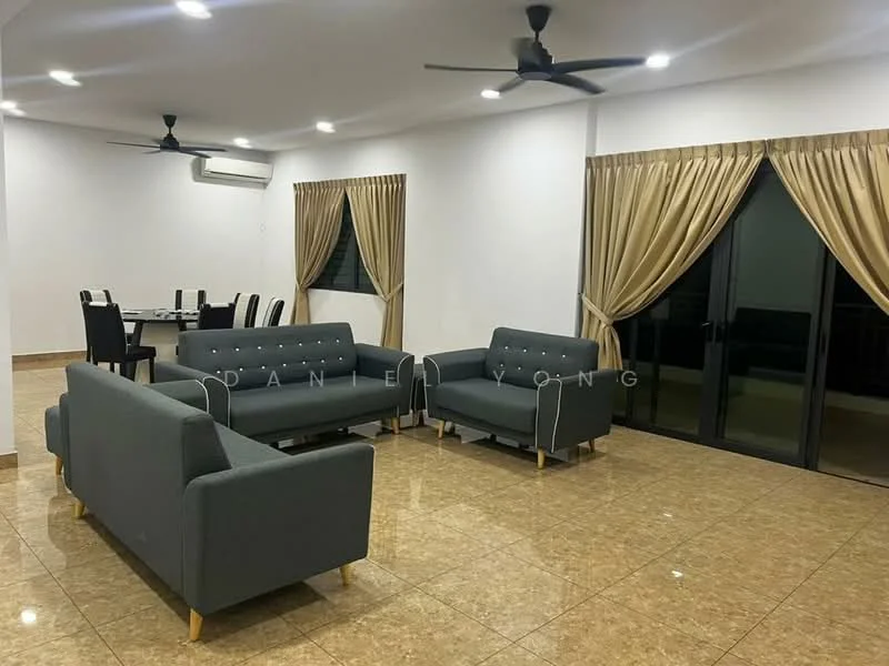 Living features: grey fabric sofa with wooden legs, 2-seater sofa, 3-seater sofa, ceiling fan, recessed LED downlights, cream curtains, floor-to-ceiling sliding glass doors, polished tile flooring, wall-mounted air conditioning unit; style: modern. Dining features: 4-seater dining table, black dining chairs, recessed LED downlights; style: modern.
