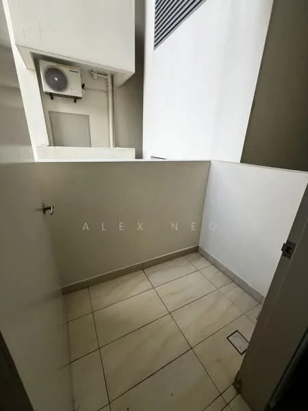 Room features: white painted walls, tile flooring, air conditioning unit, drainage outlet.