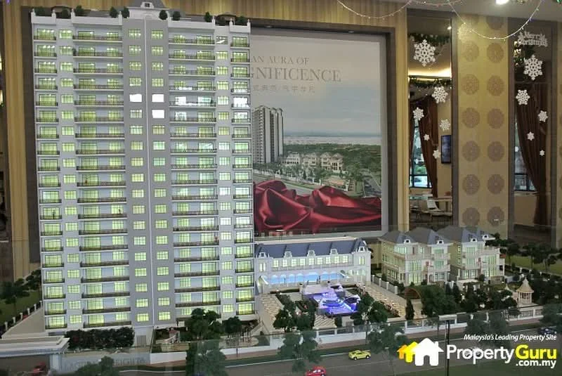 Exterior type: high-rise condominium; features: scale model of high-rise building, landscape garden with trees, swimming pool area, surrounding greenery, multiple building structures, decorative elements in display, parking area, outdoor seating area; style: modern.