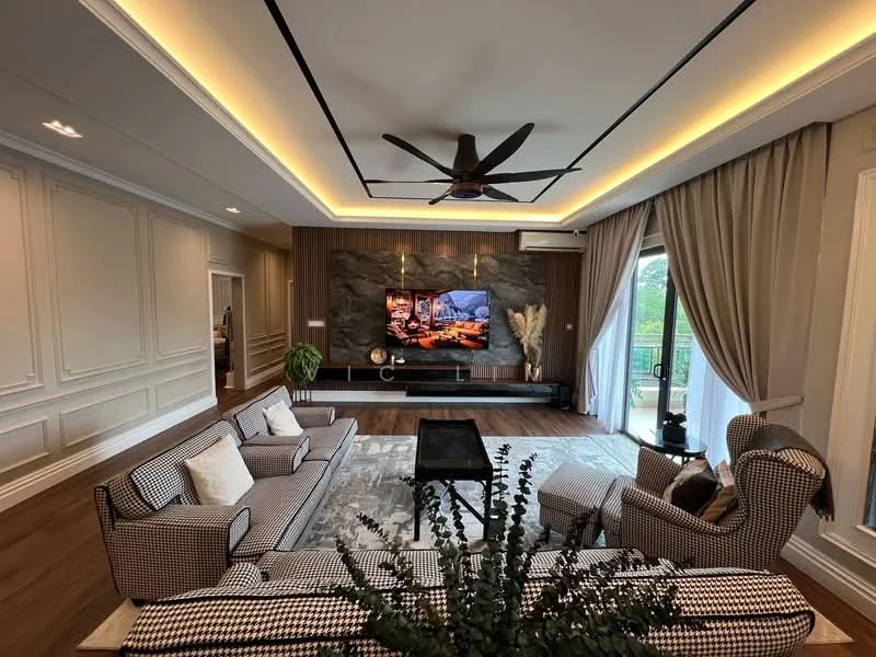 Living features: 5-blade ceiling fan with integrated LED light, wall-mounted TV, stone feature wall, recessed lighting, grey area rug, black coffee table, two-seater fabric sofa in houndstooth pattern, three-seater fabric sofa in houndstooth pattern, decorative houseplant, curtains, wood flooring, sliding glass door leading to balcony; style: modern; view: garden.
