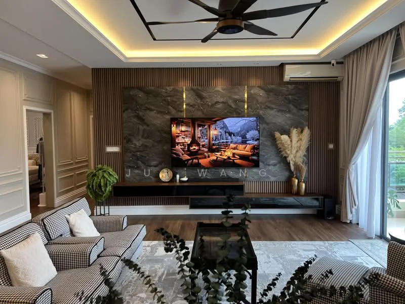 Living features: 5-blade ceiling fan with light, wall-mounted TV, black TV console, grey stone feature wall, recessed lighting, wooden flooring, large glass sliding door, curtains, decorative plants, checkered fabric sofa, area rug with geometric pattern, wall paneling, decorative wall art; style: modern; view: garden.