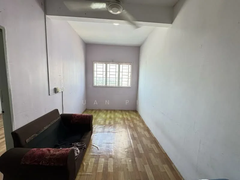 Room features: light purple painted walls, wooden flooring, ceiling fan, two windows with white frames, sofa with dark upholstery and decorative cushions.