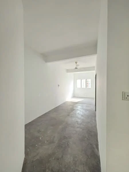Room features: white painted walls, concrete flooring, ceiling fan, natural light from windows, window with view, open layout, high ceiling, neutral color scheme; style: modern.