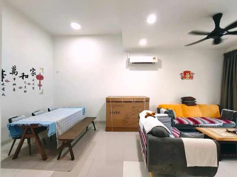 Living features: white painted walls, recessed downlights, 5-blade ceiling fan, light-colored sofa, wooden dining table, black dining chairs, decorative wall art, air conditioning unit, tile flooring, cardboard box, colorful throw blanket; style: modern.