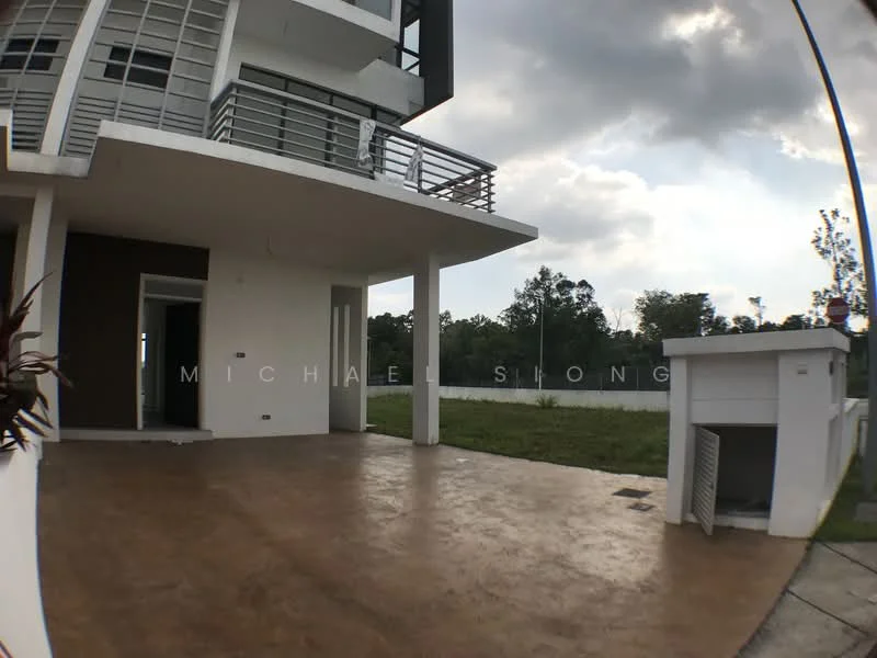 Exterior type: detached bungalow; features: concrete flooring, white painted facade, balcony with railing, landscaped garden area, manicured lawn, surrounded by greenery, large windows, modern architectural design; style: modern.