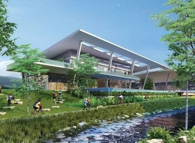 Exterior type: clubhouse; features: modern architectural design, flat roof with overhang, large glass windows, surrounded by greenery, landscaped garden, water feature with stream, outdoor seating areas, bicycle paths, manicured lawn, trees and shrubs, open space for activities; style: modern.