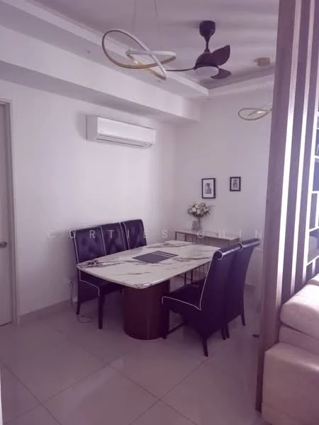 Dining features: marble dining table, 4 upholstered dining chairs, ceiling fan with light, wall-mounted air conditioning unit, white painted walls, tile flooring, decorative wall art, small flower arrangement; style: modern.