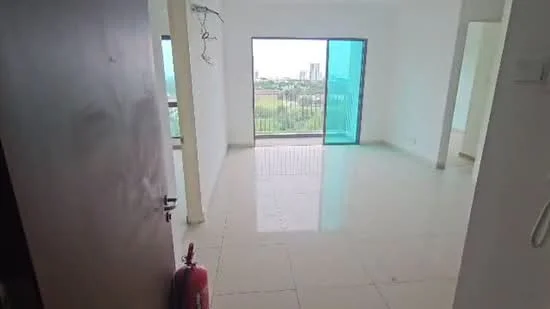 Room features: white painted walls, glossy tile flooring, floor-to-ceiling windows, sliding glass door, balcony access, city view, natural light, minimalist decor; style: modern; view: city.