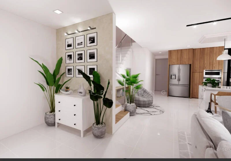 Living features: white painted walls, glossy tile flooring, recessed downlights, pendant lamp, sofa with light fabric upholstery, coffee table, decorative plants in pots, framed artwork on wall, open-plan layout, stainless-steel fridge, built-in oven, wood cabinetry, kitchen island with seating, staircase with wooden steps; style: modern. Room features: white painted walls, glossy tile flooring, decorative plants in pots, console table with decorative items, staircase with glass railing.
