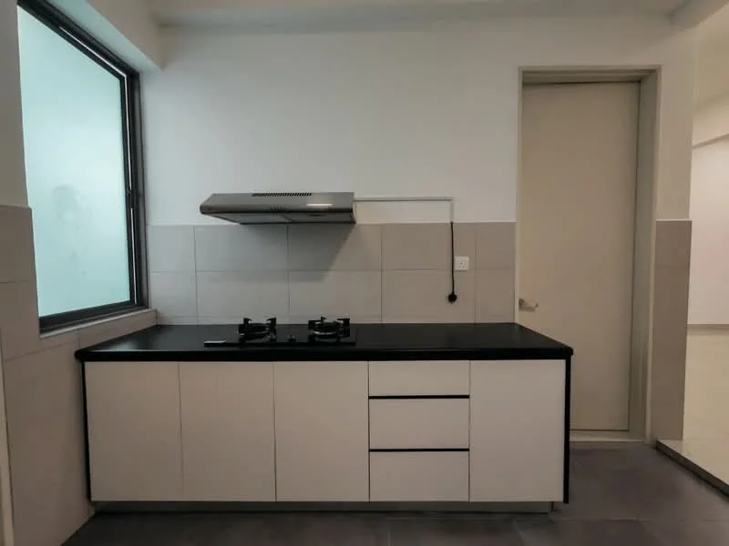Kitchen features: black countertop, white cabinetry with flat-panel doors, built-in gas hob with two burners, stainless-steel range hood, grey tiled backsplash, grey floor tiles, single window, door leading to another room; style: modern.