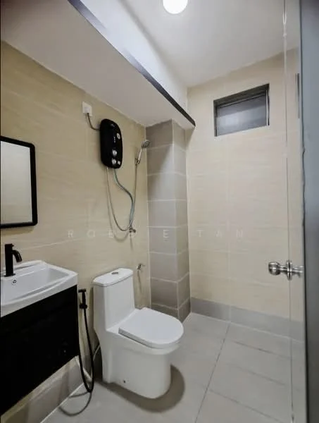 Bathroom features: single-sink vanity with black cabinet, chrome basin mixer faucet, framed mirror, one-piece toilet, handheld shower, wall-mounted shower head, tile cladding on walls, grey ceramic tile flooring, window for natural light, ceiling light fixture; style: modern.