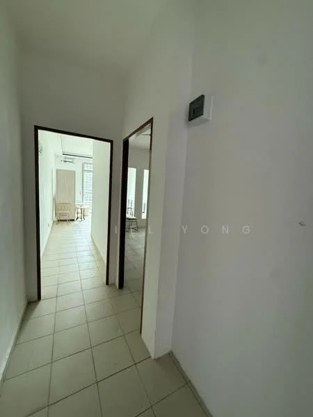 Room features: white painted walls, tile flooring, door frame, light switch, window, natural light, open layout, hallway.