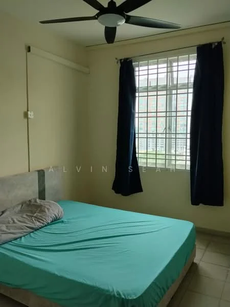 Bedroom features: queen-size bed with grey bedding, light blue fitted sheet, ceiling fan, floor-to-ceiling window, blackout curtains, cream painted walls, tile flooring, decorative pillow.