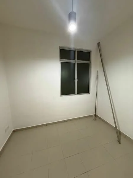 Room features: white painted walls, tile flooring, single light fixture, window with two panes, neutral color scheme.