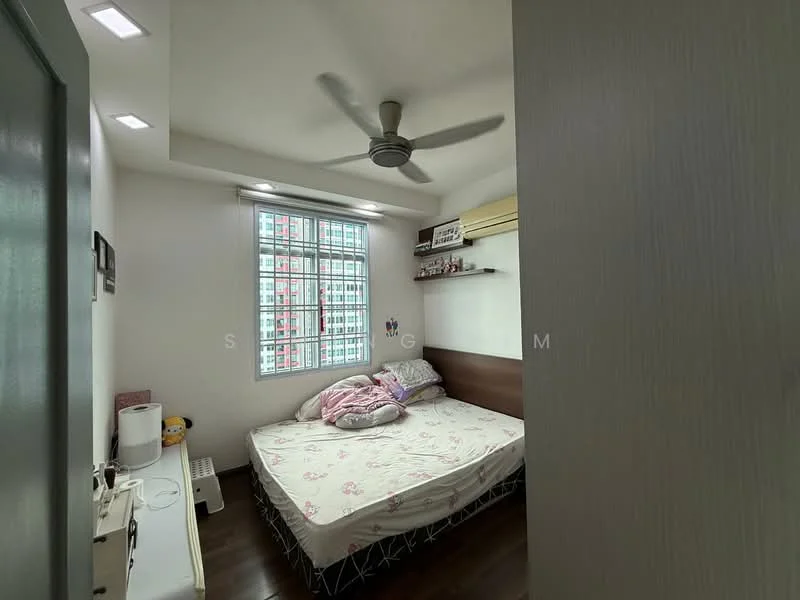 Bedroom features: queen-size bed with floral bedding, wall-mounted shelf, floor-to-ceiling window with grid pattern, white painted walls, wooden flooring, 5-blade ceiling fan, air conditioning unit, decorative wall art, nightstand, light fixture with recessed lighting; style: modern.