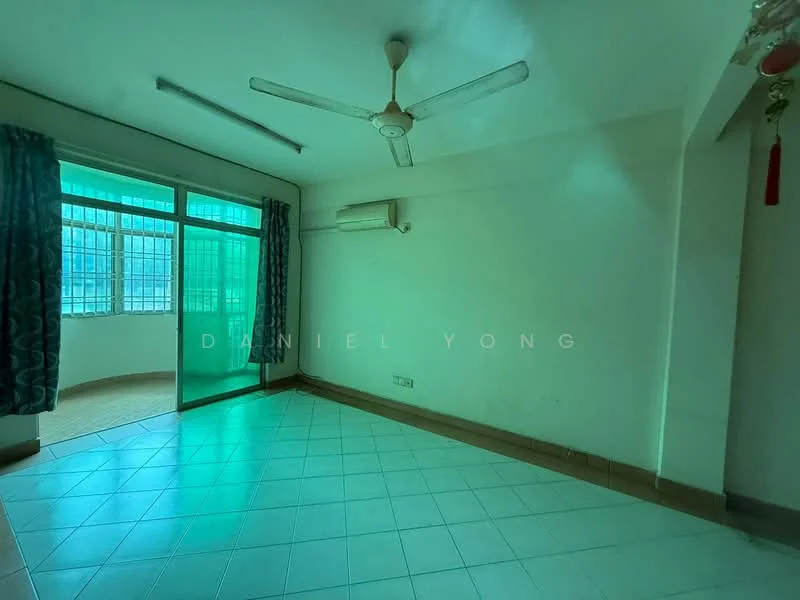 Living features: light green walls, white ceiling, ceiling fan, floor-to-ceiling windows, sliding glass door, curtains, tile flooring, wall-mounted split AC.