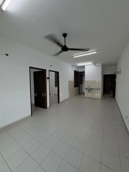 Room features: white painted walls, tile flooring, ceiling fan, recessed lighting, open layout, multiple doorways, kitchen area visible, neutral color scheme; style: modern.