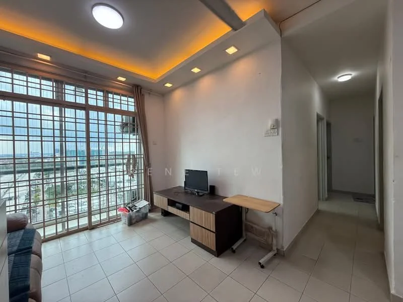 Living features: floor-to-ceiling windows, white painted walls, tile flooring, recessed downlights, LED ceiling light, wooden TV console, small side table, sofa, curtains, city view; style: modern; view: city. Room features: white painted walls, tile flooring, doorway leading to hallway.