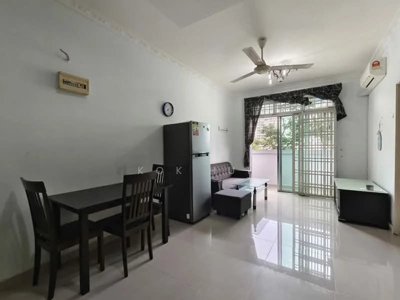 Living features: white painted walls, tile flooring, 5-blade ceiling fan with light, sliding glass door, floor-to-ceiling windows, black dining table with 4 chairs, brown fabric sofa, coffee table, refrigerator, TV console, curtains, wall clock; style: modern; view: garden.