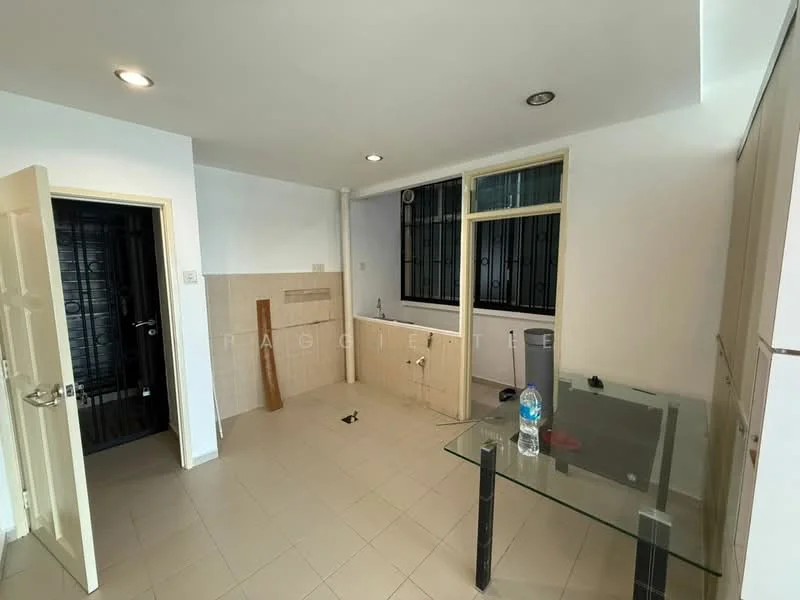 Kitchen features: white painted walls, light grey tiled flooring, glass-top dining table, single-bowl stainless-steel sink, chrome faucet, built-in cabinetry, window with security bars, open layout, wall-mounted light fixtures; style: modern.