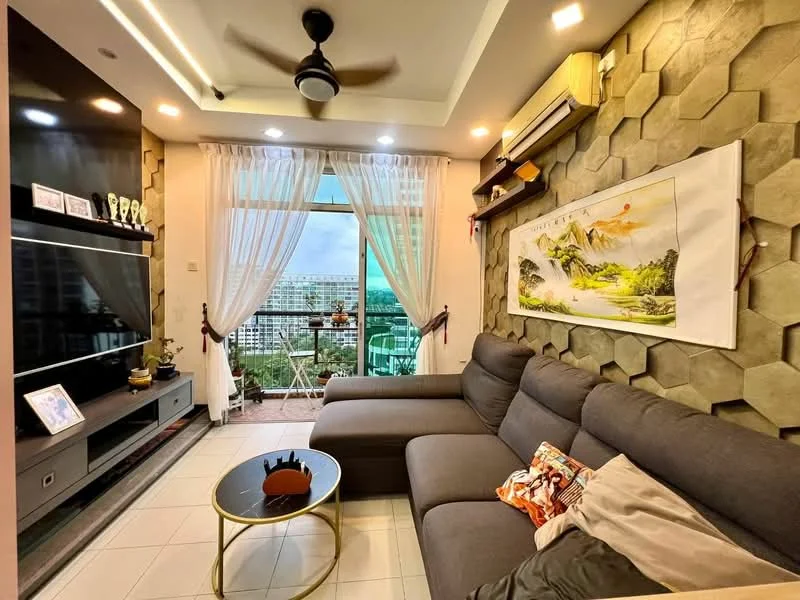 Living features: grey fabric sectional sofa, round coffee table with gold trim, wall-mounted TV, black TV console, hexagonal textured accent wall, floor-to-ceiling windows, sheer white curtains, ceiling fan with light, decorative wall art, air conditioning unit, area rug; style: modern; view: city.
