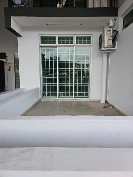 Room features: white painted walls, concrete flooring, sliding glass door with grid pattern, wall-mounted air conditioning unit, large windows, outdoor view, no visible furniture or decor; style: modern.