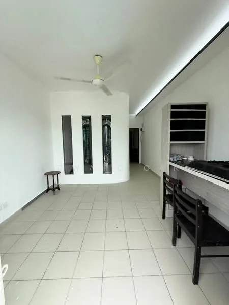 Room features: white painted walls, tile flooring, 5-blade ceiling fan, recessed lighting, open kitchen area, countertop with cabinetry, dining table, black chairs, large windows, doorway leading to another room; style: modern.