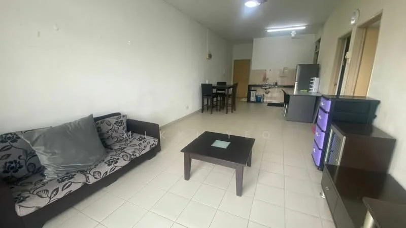 Living features: sofa with floral pattern, coffee table, tile flooring, white painted walls, recessed ceiling lights, dining table with chairs, kitchen area visible in background, fridge, cabinet with drawers; style: modern.