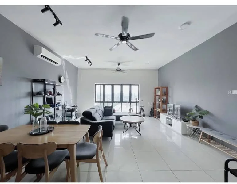 Living features: grey painted walls, white ceiling, 5-blade ceiling fan with light, floor-to-ceiling windows, sliding glass door, black leather sofa, round coffee table, TV console, wall-mounted TV, decorative plants in pots, open shelving unit, dining table with wooden chairs; style: modern; view: city.